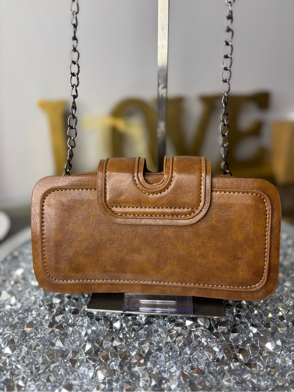 Rhinestone buckle Studded Brown Leather Crossbody NWOT - Picture 5 of 16